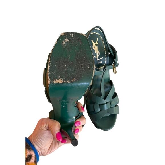 YSL Tribute Platform Leather Heels Sandals Shoes Size 38 7.5 Green - Picture 5 of 8